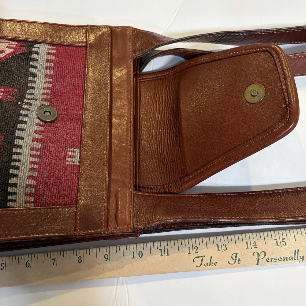 VTG YUN ART Turkish Kilim Wool Rust-Tan Leather Shoulder Bag Purse Boho Hobo